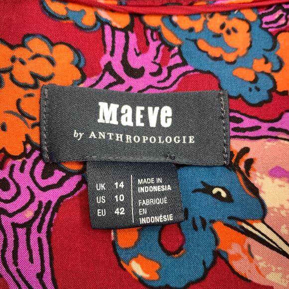 Anthropologie Darla Button Down Shirt Womens Sz 10 Red Bonsai Peacock Print - Picture 5 of 7